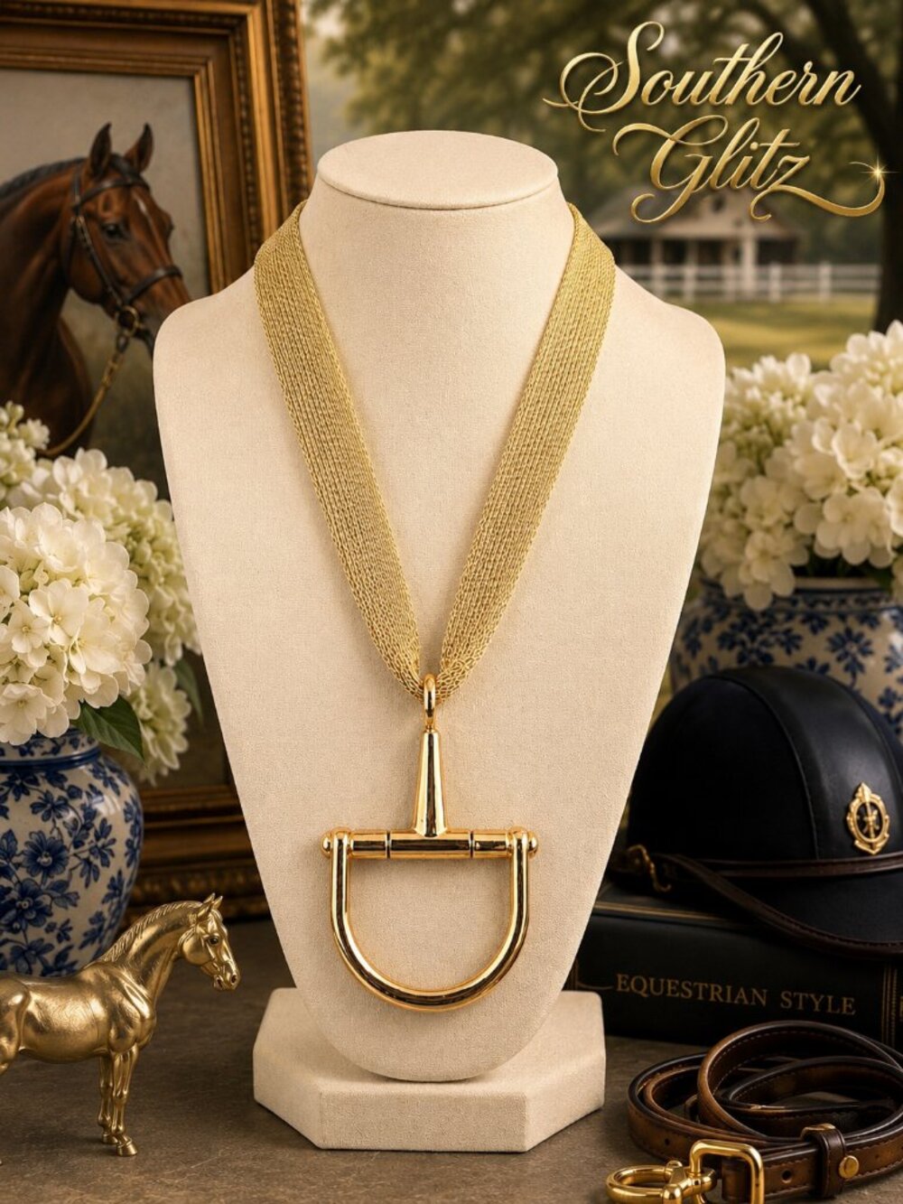 Gold Equestrian Bit Pendant Necklace | Multi-Strand Horse Lover Jewelry | Statem